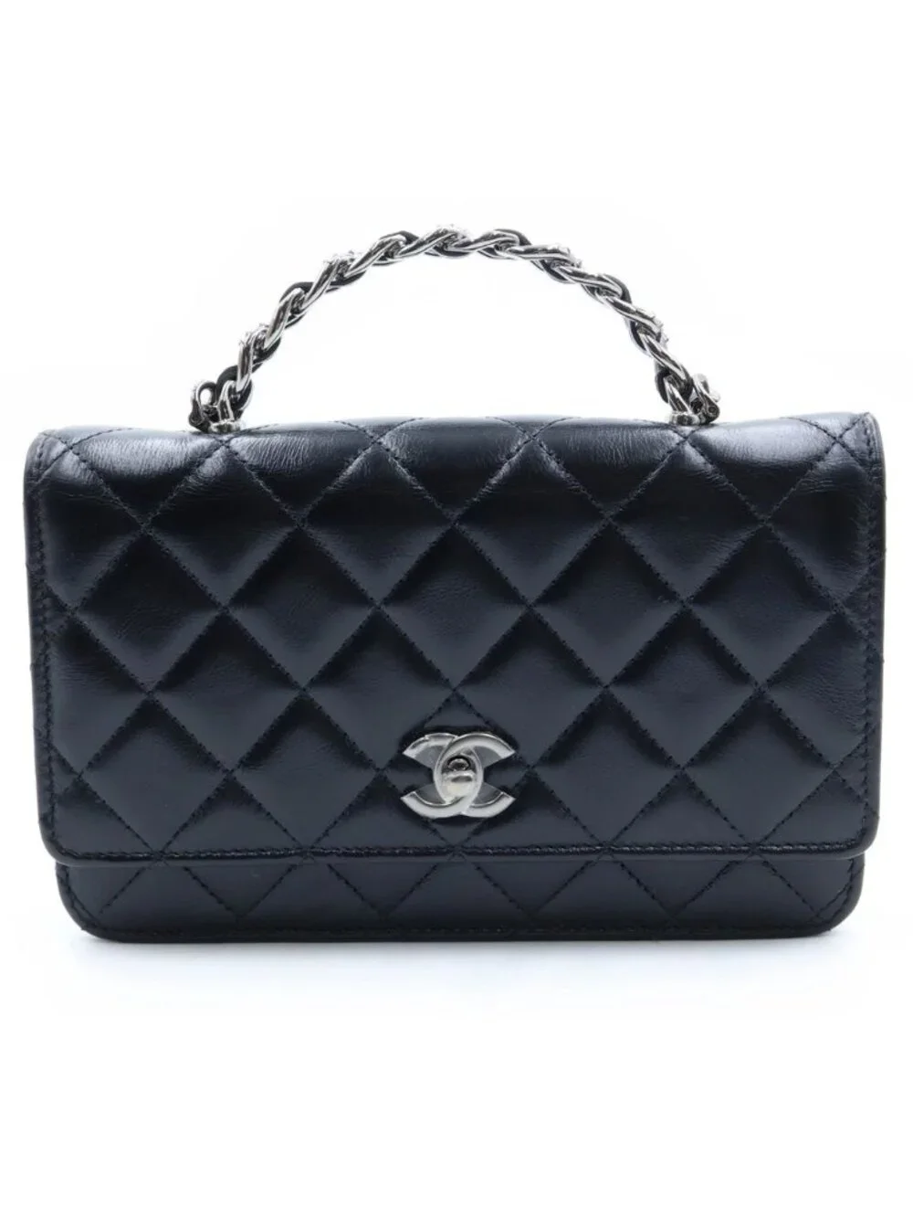 Chanel Quilted Chain Mini Shoulder Bag Black Lambskin Silver